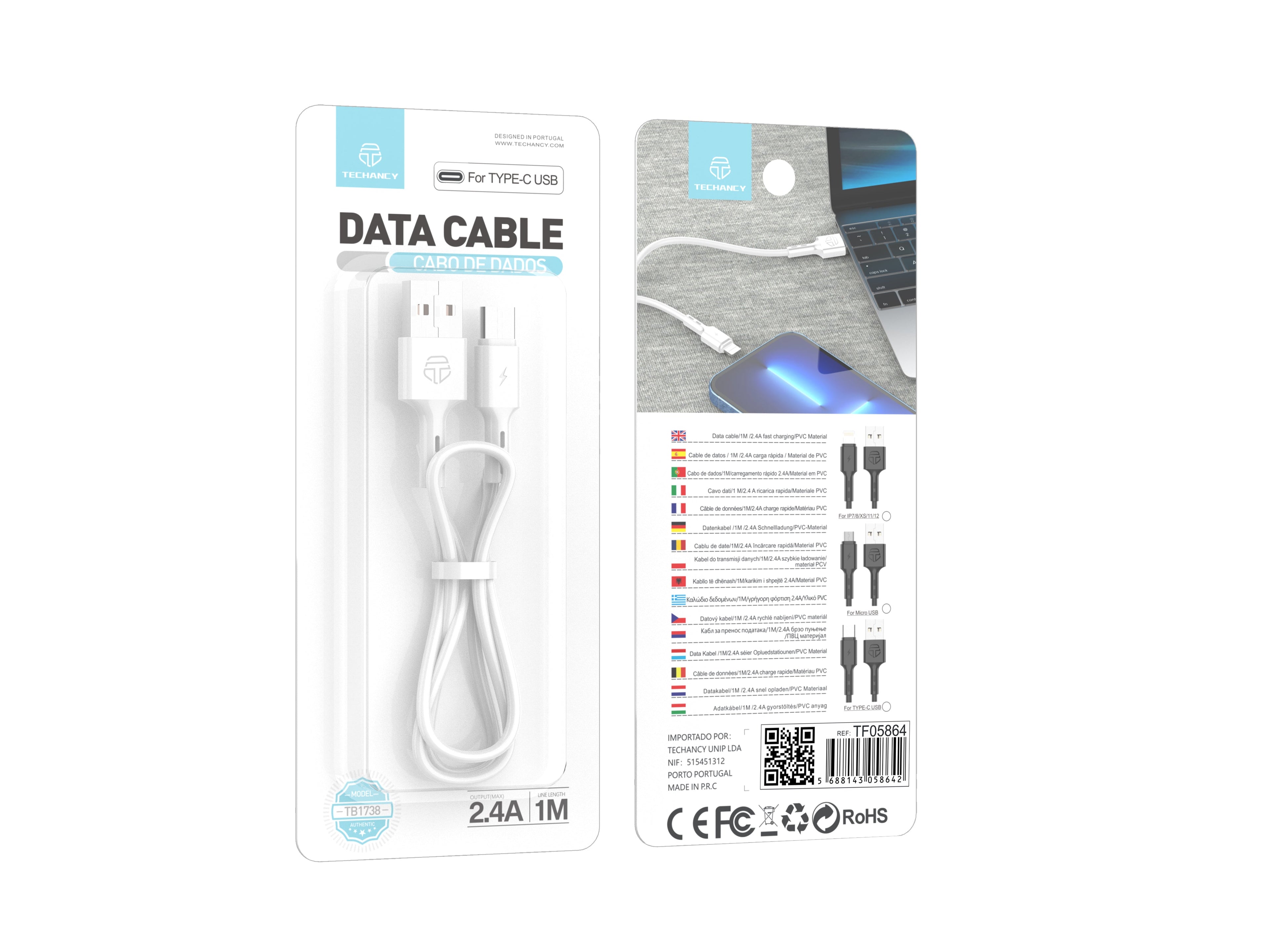 Techancy Cabo De Dados Usb-Tipo-c, TB1738 1M, Carregamento Rápido 2,4A, Transferência De Dados, Branco