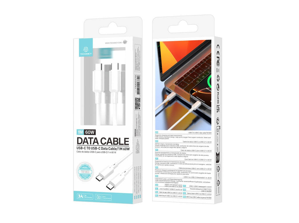 Techancy Cabo USB C para USB C TB1803 1m 60W Carregamento rapido e dados para Telemovel Tablet Portatil Branco