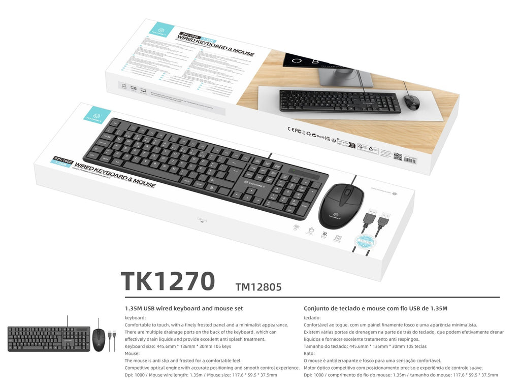 Techancy Conjunto De Teclado E Rato Com Fios Usb TK1270,Teclas Em Português+Inglês Para Utilização No Escritório.