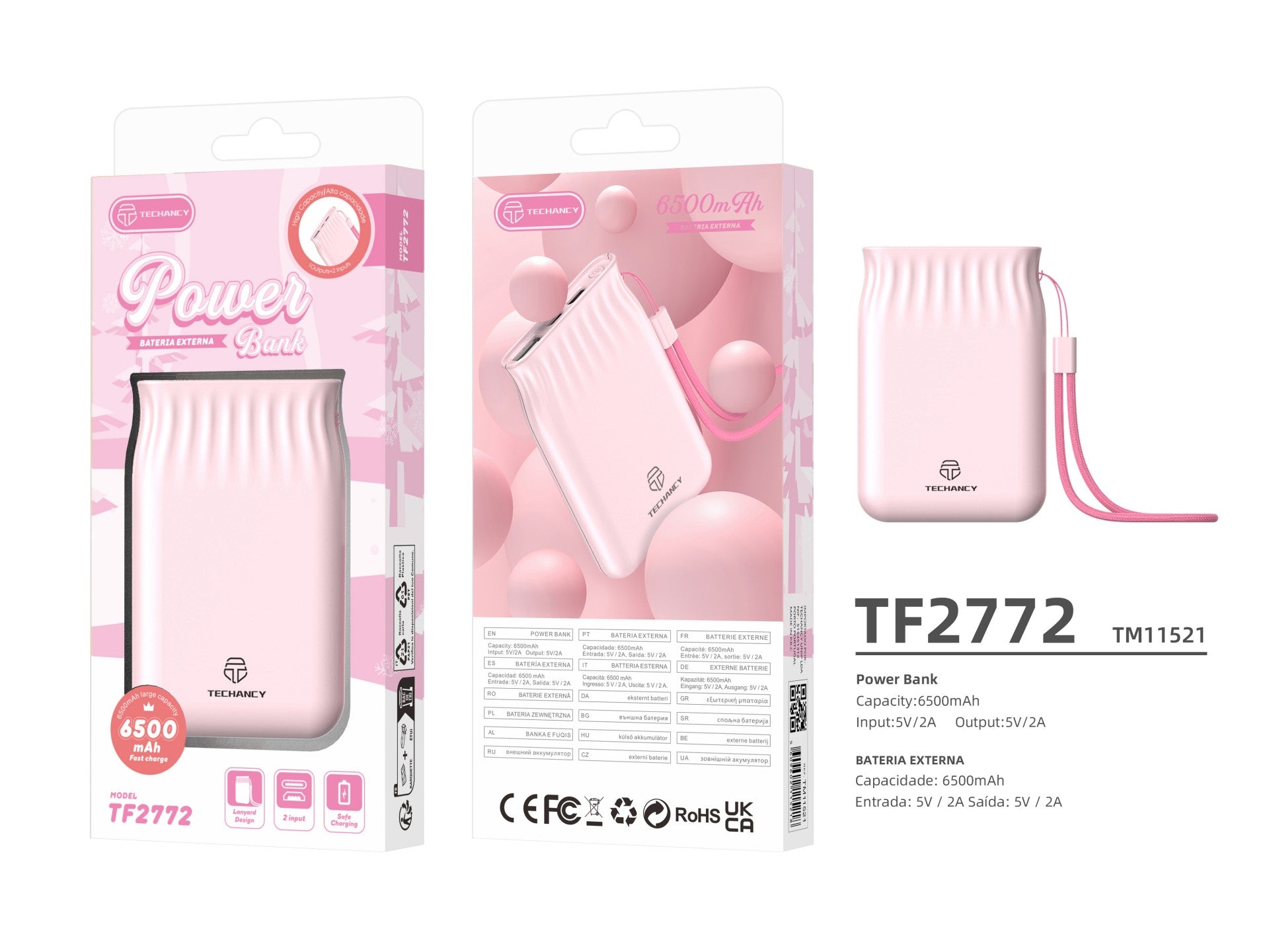 Techancy 6500mah Power Bank Rosa TF2772，Carregamento De Telemóvel/Tablet Compatível Com 2A, Fonte De Alimentação Portátil-2