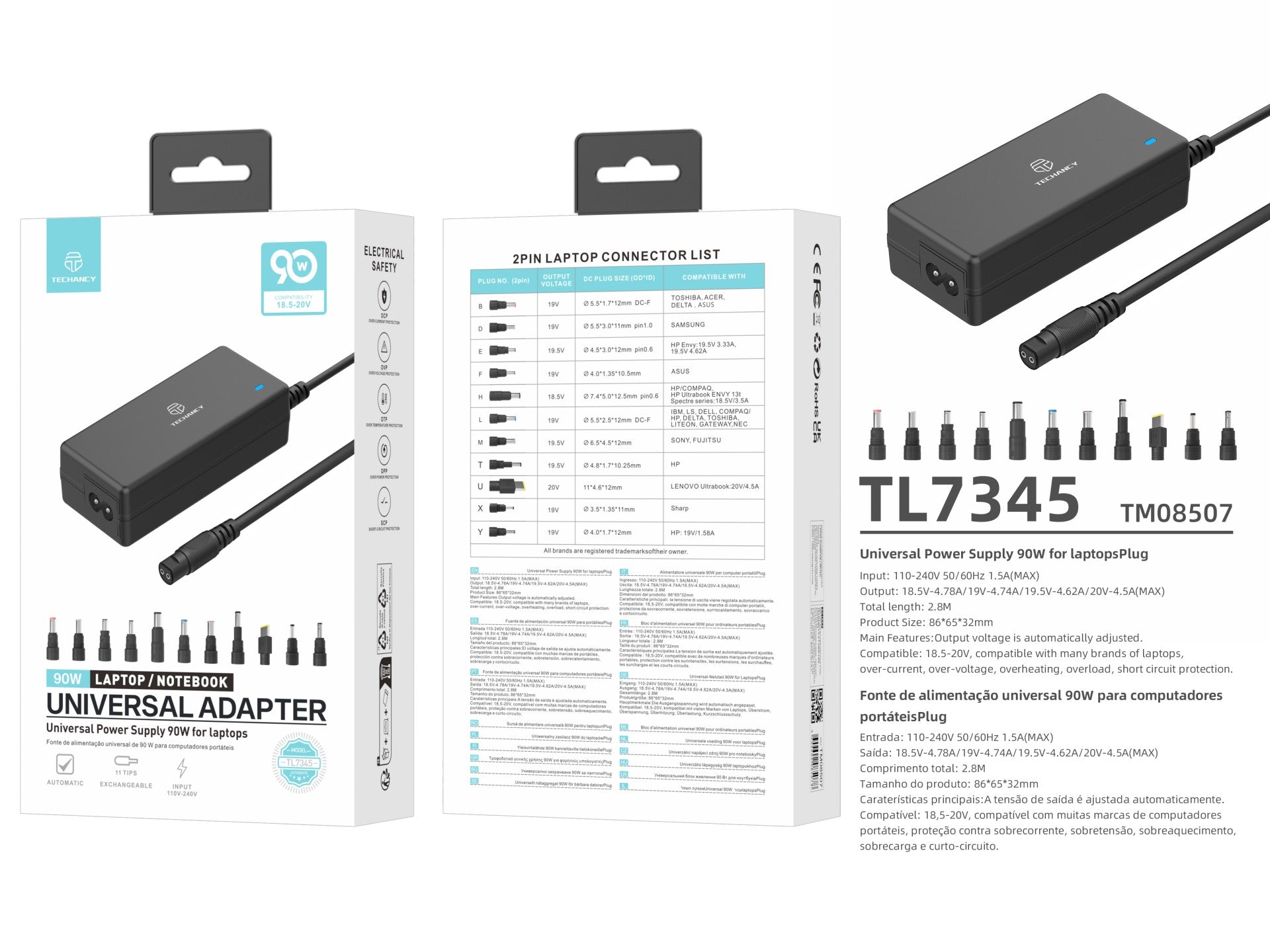 Techancy  Adaptador de energia universal TL7344 para laptops, com potência de 90W, 11 conectores e proteções contra sobrecorrente e sobretensão-3