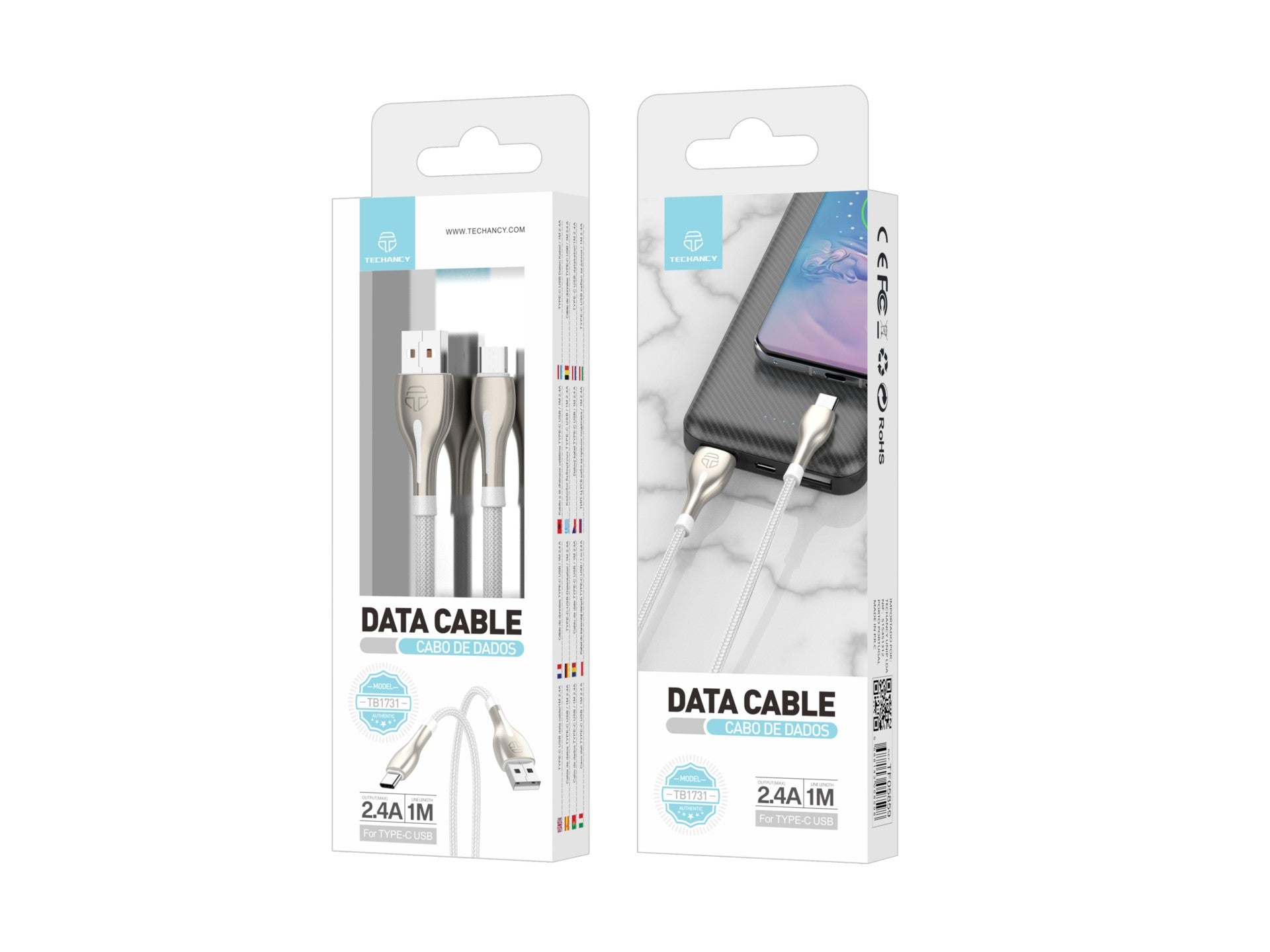 Cabo de dados metálico USB tipo C Techancy, TB1765, 1 m, 2,4 A, cinzento