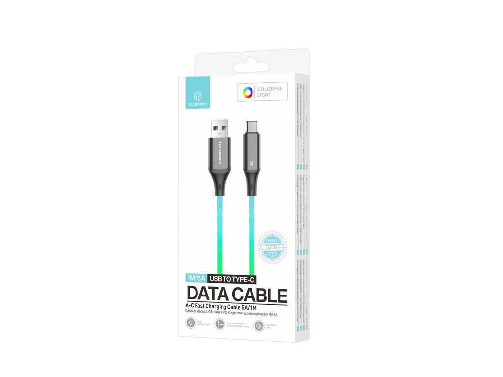 Techancy Cabo De Dados De 1m TB1799, Usb-C Para Usb-C, Efeitos De Iluminação Rgb, Carregamento Rápido De 27w.