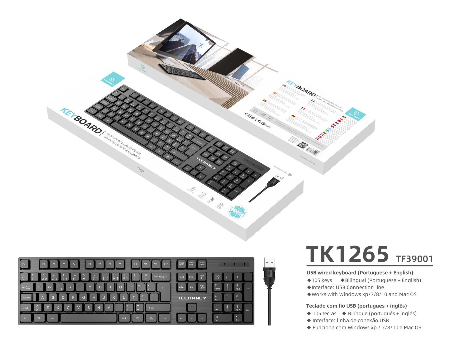 Teclado USB com fio de tamanho normal Techancy, TK1265, teclas de entrada em inglês + português, preto