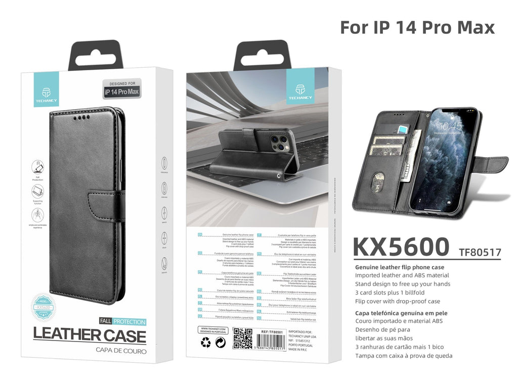 Capa flip em couro para telemóvel com 3 ranhuras para cartões, KX5600, função suporte e proteção contra quedas, compatível com iPhone 14 Pro Max, Preto-2