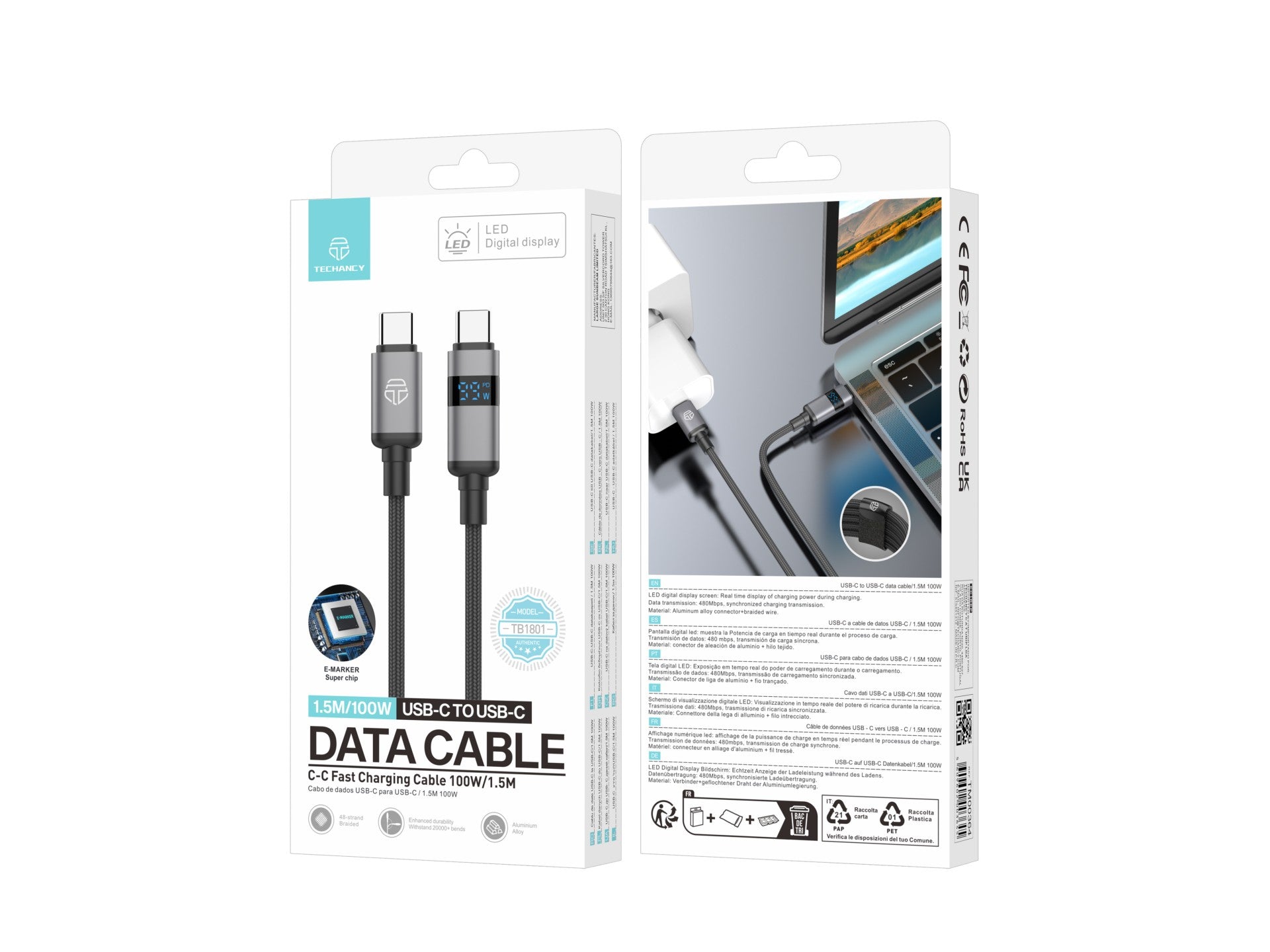 Techancy Cabo USB-C para USB-C TB1801, 100W, 1.5m Preto, Tela LED de Potência, Conector de AlumInio, Fio Trancado