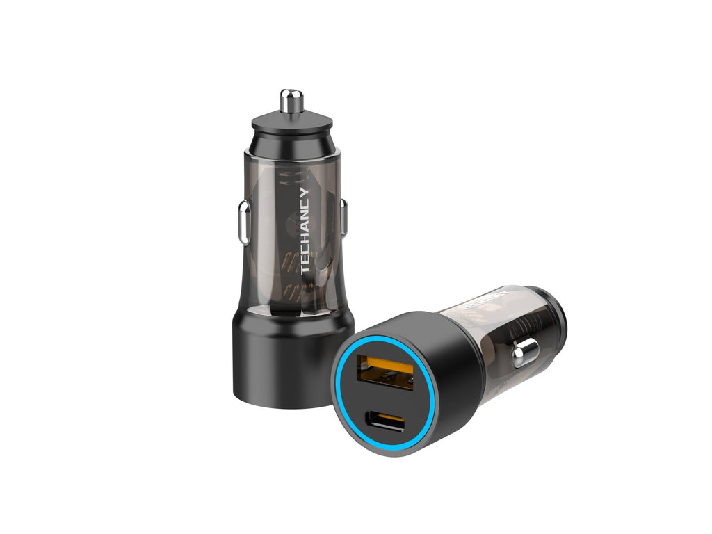Techancy Carregador Para Automóvel 51w  TC6432, Duas Portas Usb-A+Usb-C, Carrega Vários Dispositivos Transparente