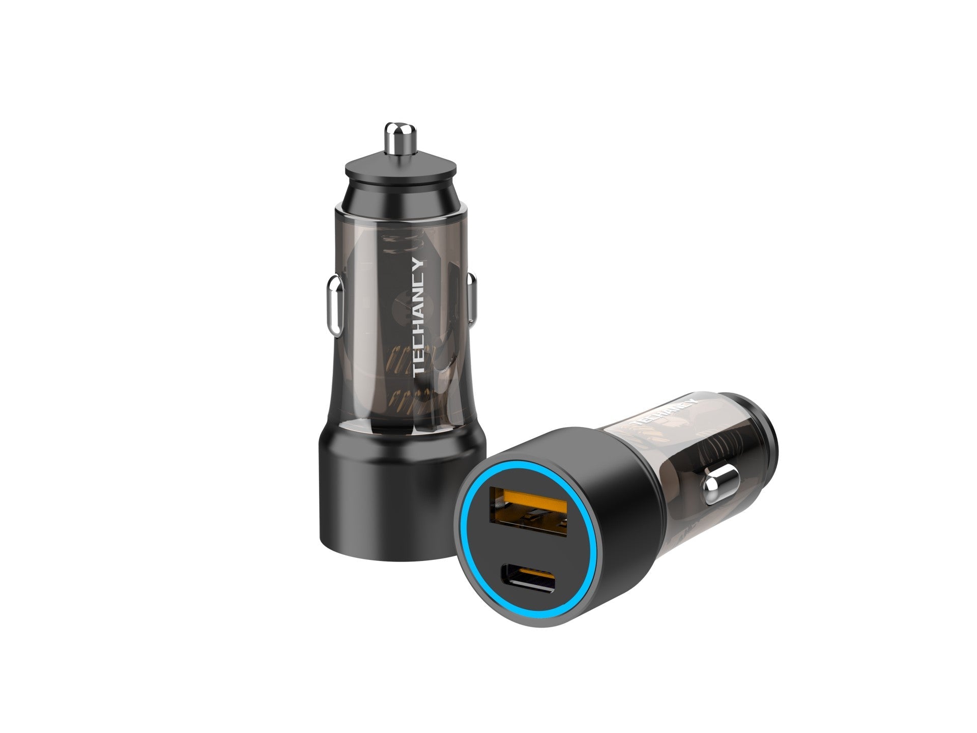 Techancy Carregador Para Automóvel 51w  TC6432, Duas Portas Usb-A+Usb-C, Carrega Vários Dispositivos Transparente