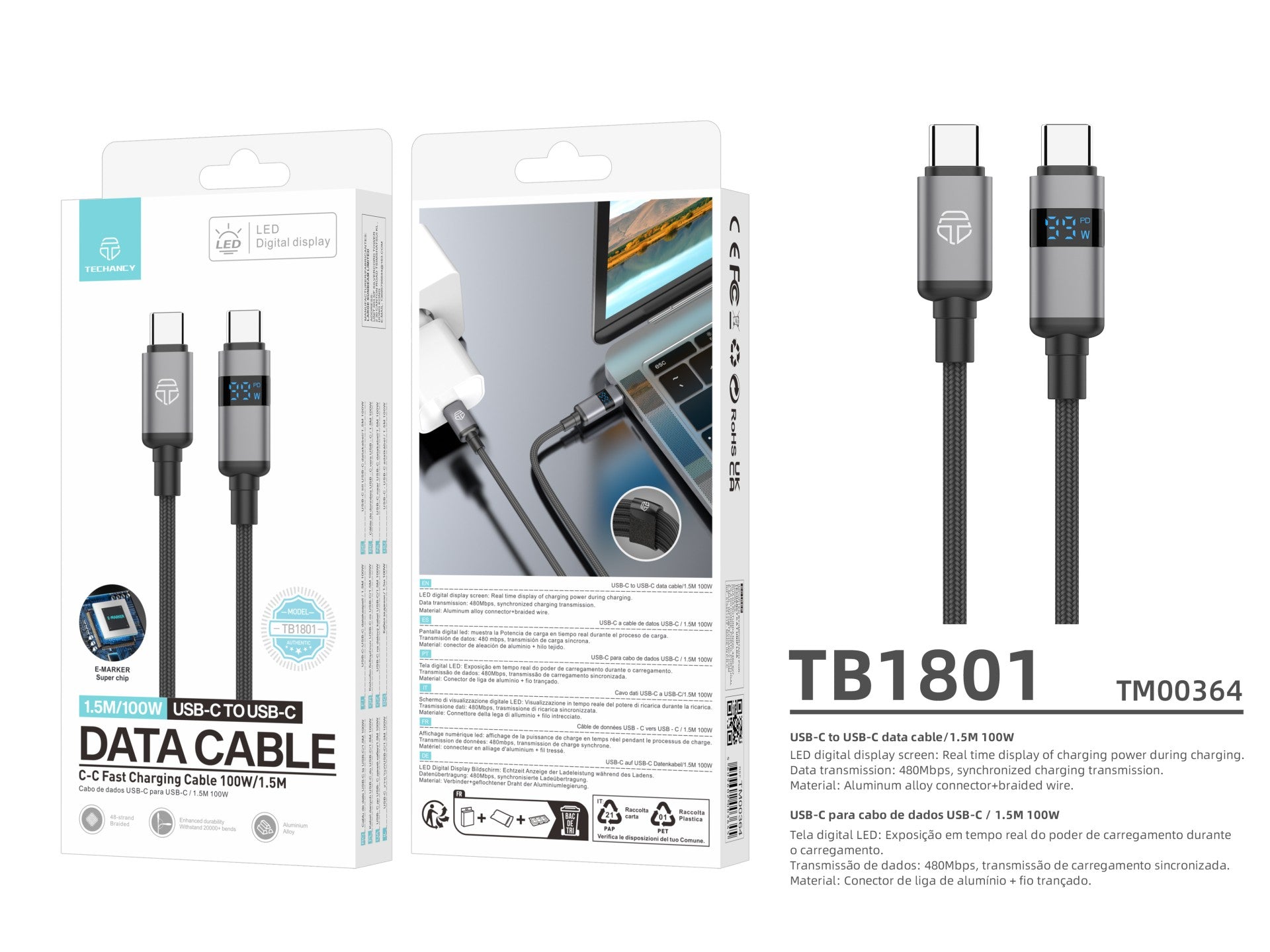 Techancy Cabo USB-C para USB-C TB1801, 100W, 1.5m Preto, Tela LED de Potência, Conector de AlumInio, Fio Trancado-4