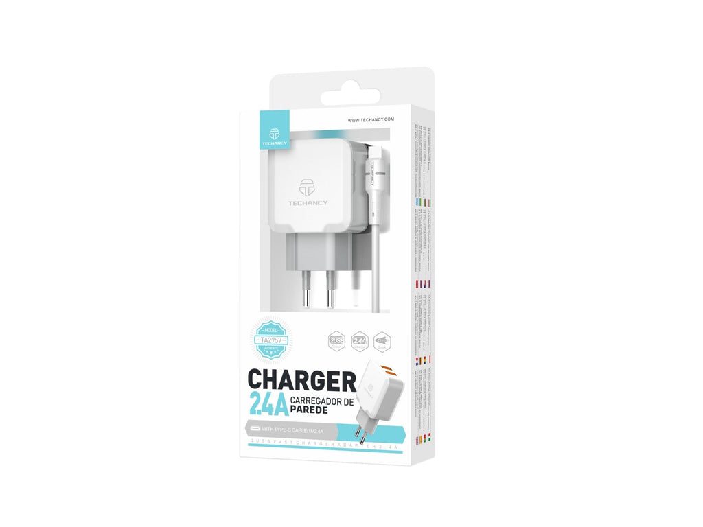 Techancy Carregador De Parede De Porta Usb Dupla 2.4A Branco TA2757 Com Conjunto De Cabos Usb-Tipo-C 1m-3