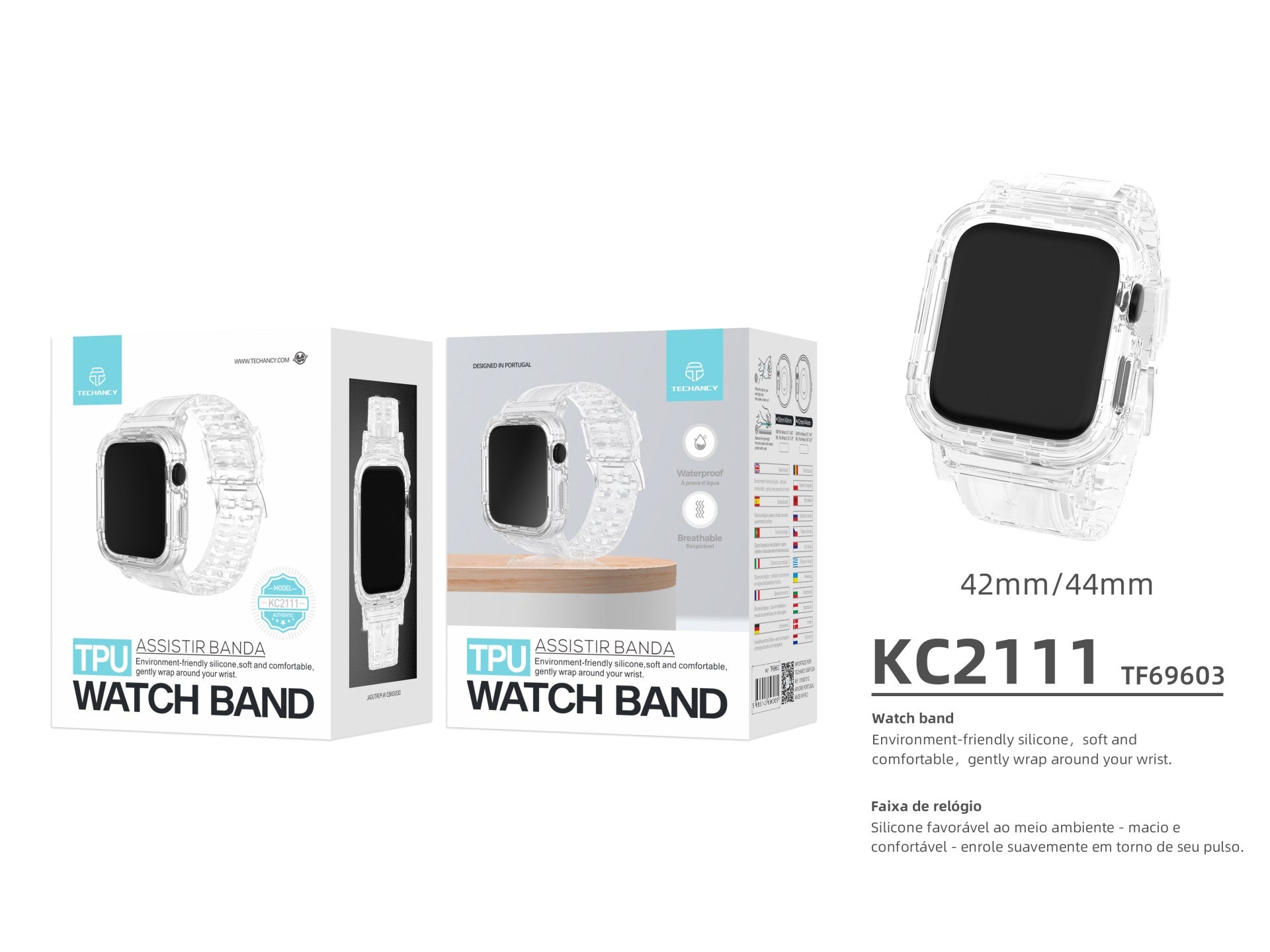 Pulseira de silicone para relógio Techancy, KC2111, compatível com Apple Watch 42-44 mm, cor transparente-2