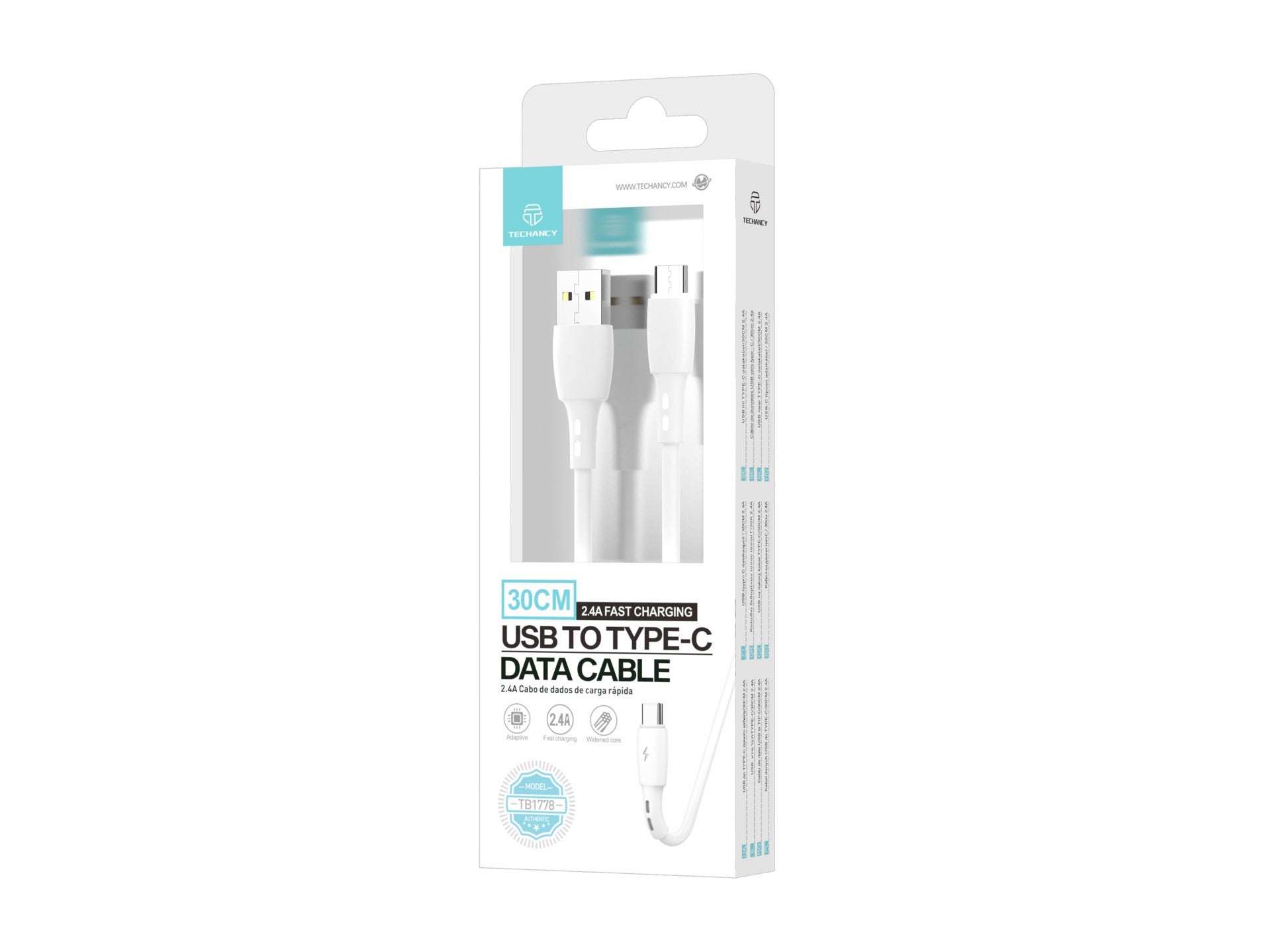 Techancy Cabo De Dados Usb- Tipo C Branco TB1778, Carregamento 2,4A, 30cm Adequado Para Utilização Com Power Bank
