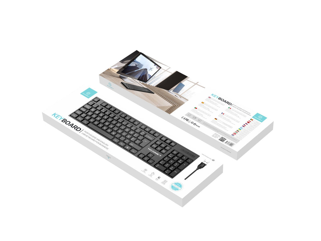 Teclado USB com fio de tamanho normal Techancy, TK1265, teclas de entrada em inglês + português, preto
