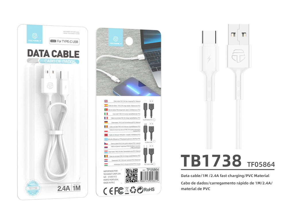 Techancy Cabo De Dados Usb-Tipo-c, TB1738 1M, Carregamento Rápido 2,4A, Transferência De Dados, Branco