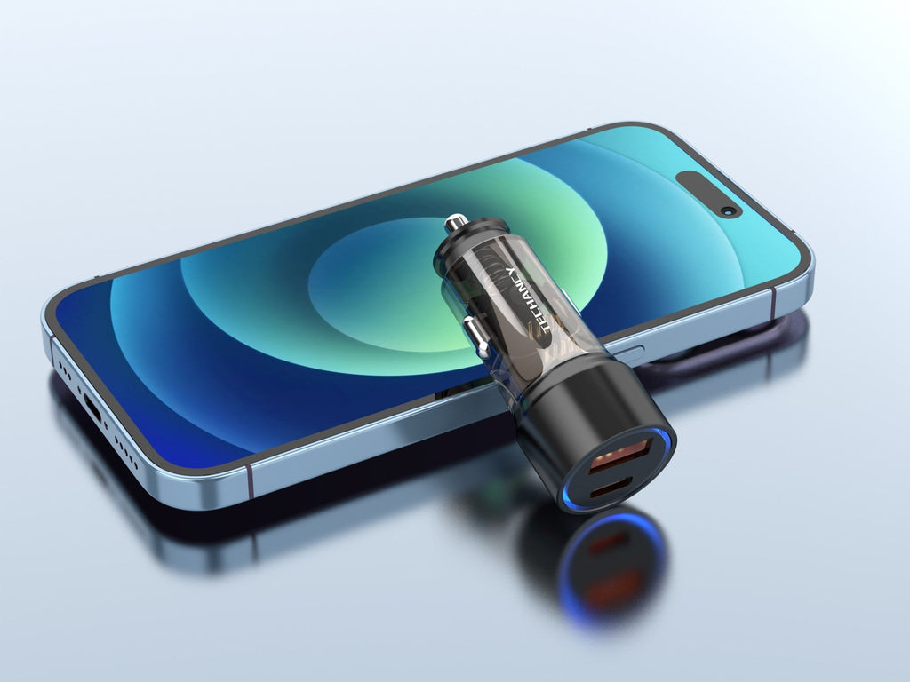 Techancy Carregador Para Automóvel 51w  TC6432, Duas Portas Usb-A+Usb-C, Carrega Vários Dispositivos Transparente