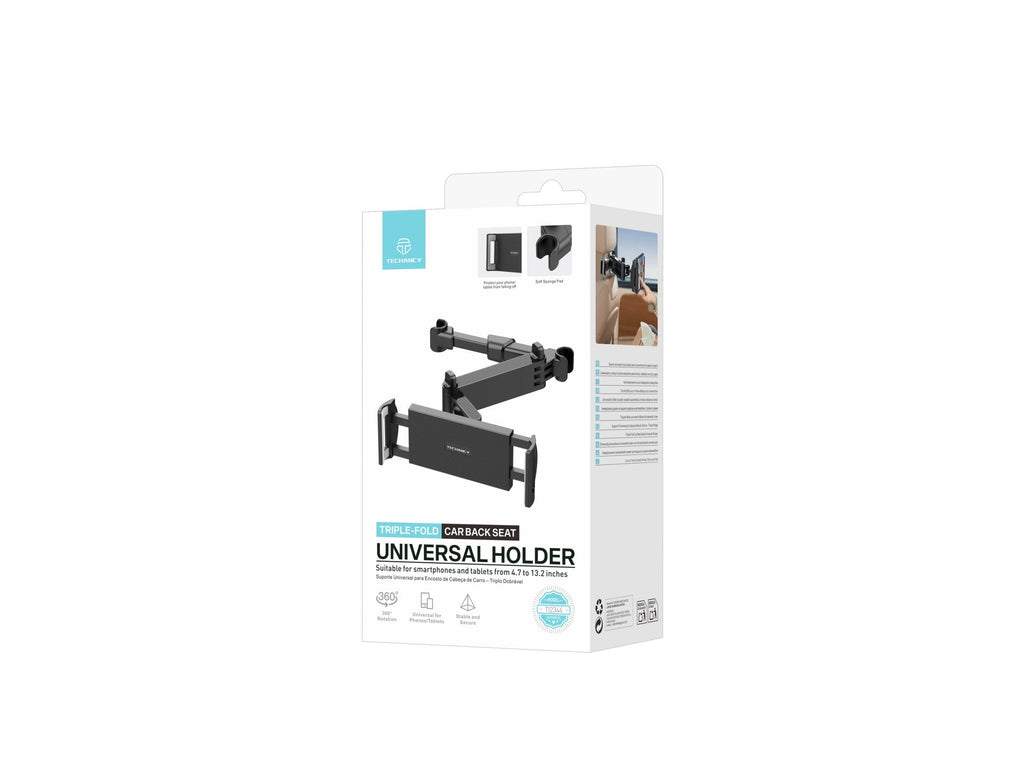 Techancy Suporte traseiro para carro TI2344 triplo dobrável rotação 360° ajustável estável compatível com 4.7 a 13.2 polegadas cor preta