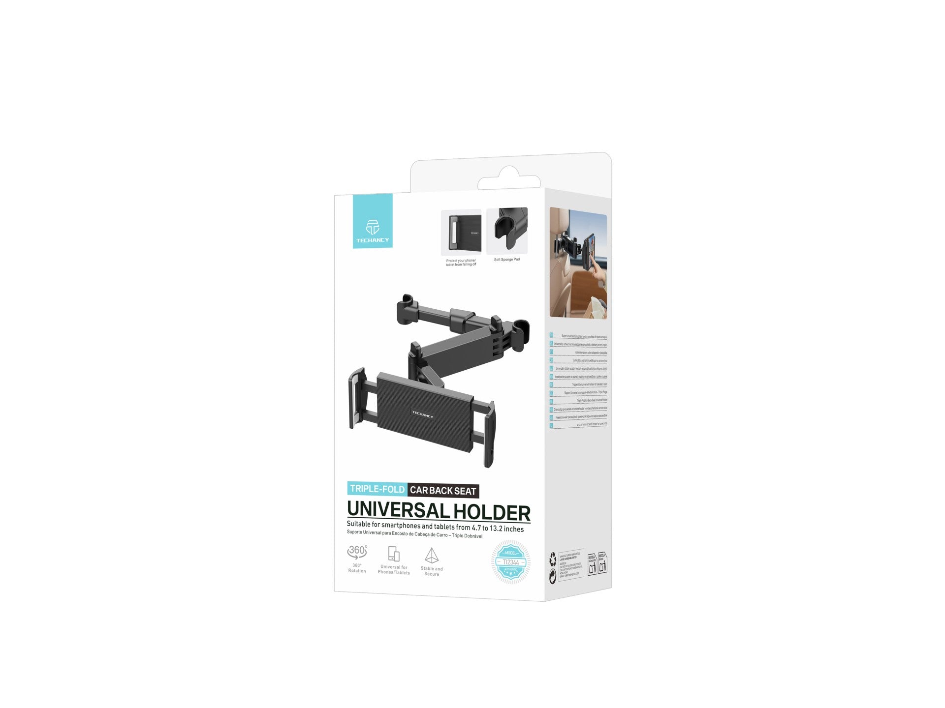 Techancy Suporte traseiro para carro TI2344 triplo dobrável rotação 360° ajustável estável compatível com 4.7 a 13.2 polegadas cor preta