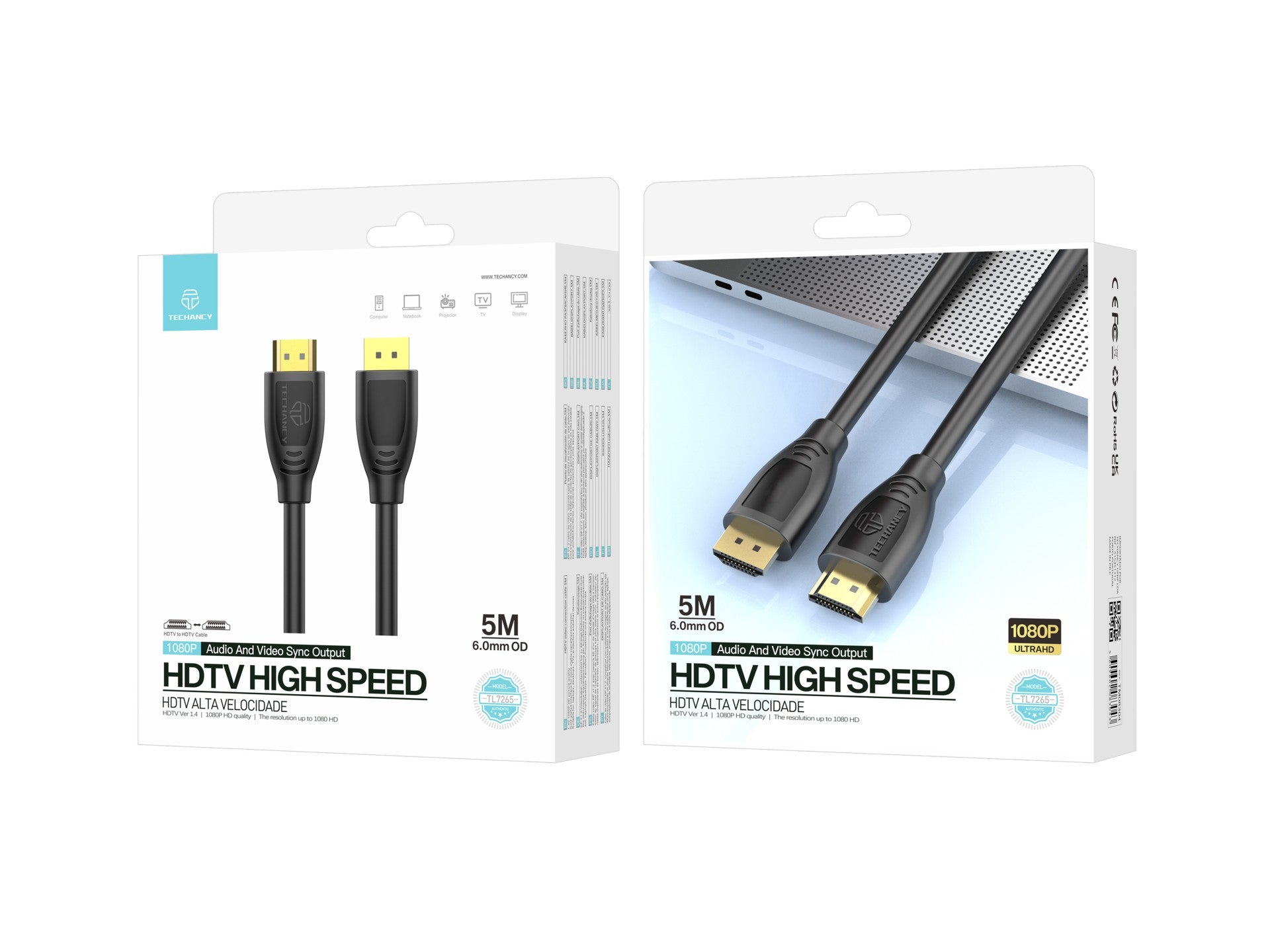 Techancy Cabo Hdtv De Alta Velocidade  TL7265,5m, Ecrã Hd 1080p Para Televisores, Computadores, Projectores E Consolas
