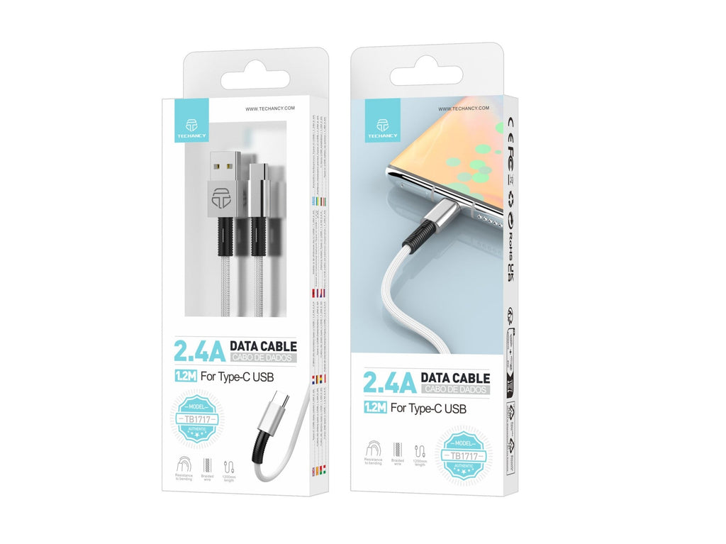 Techancy Cabo De Dados Usb- Tipo C Branco TB1717, Carregamento Rápido De 2,4 A, Liga De Alumínio + Entrançado 1,2 M