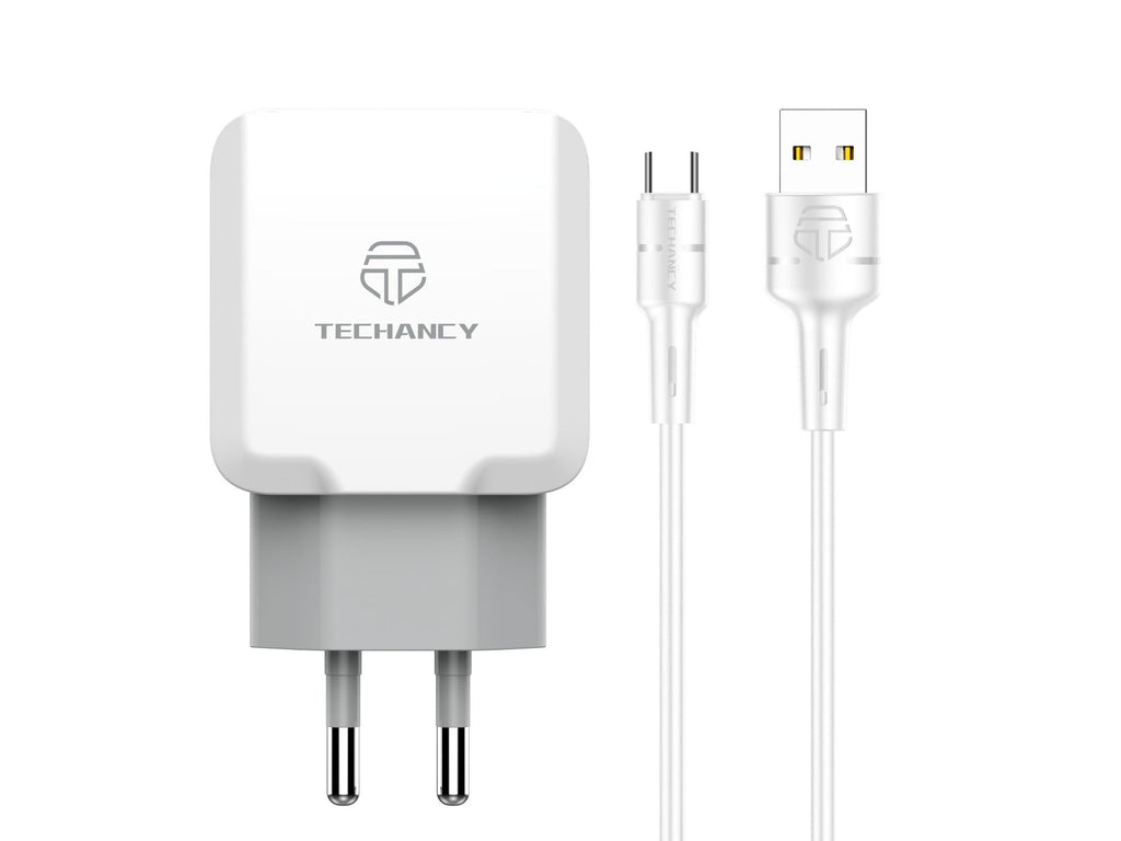 Techancy Carregador De Parede De Porta Usb Dupla 2.4A Branco TA2757 Com Conjunto De Cabos Usb-Tipo-C 1m-0