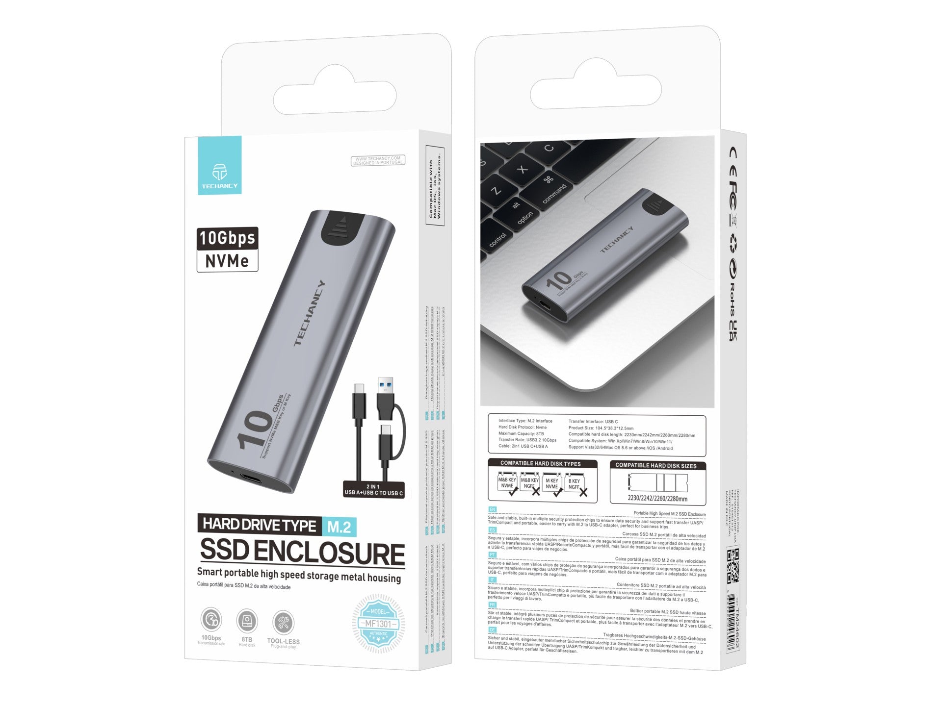 Techancy Caixa SSD M.2 NVMe portátil de alta velocidade MF1301 Cinza , 10 Gbps com USB-C, compatível e fácil de transportar