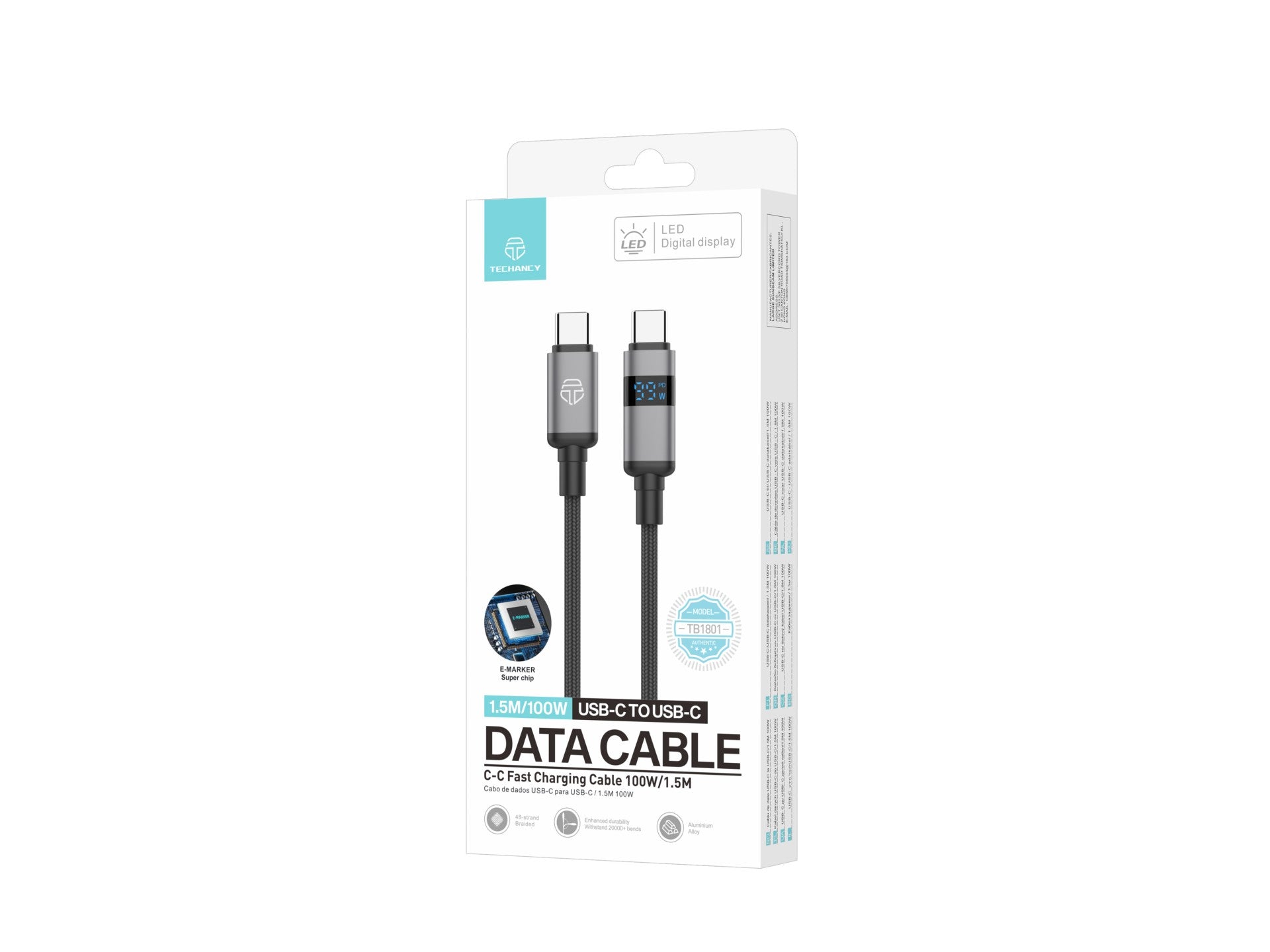 Techancy Cabo USB-C para USB-C TB1801, 100W, 1.5m Preto, Tela LED de Potência, Conector de AlumInio, Fio Trancado-2