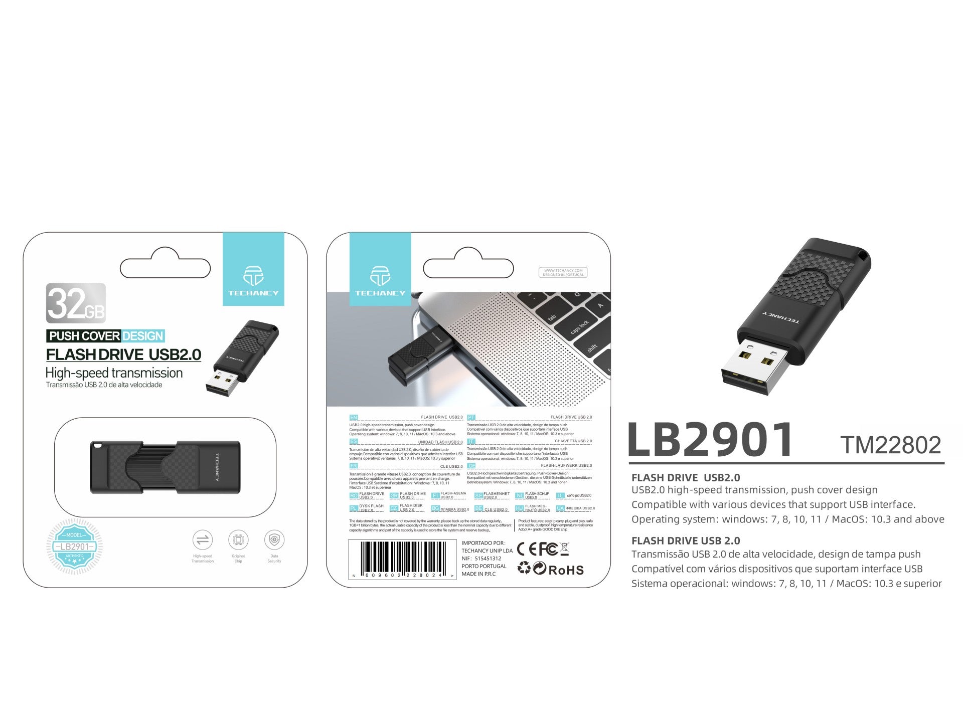 Techancy USB Flash Drive 32GB Preto LB2901, Usb 2.0, Compatível com PC/Mobile/Mac, Armazenamento seguro de ficheiros