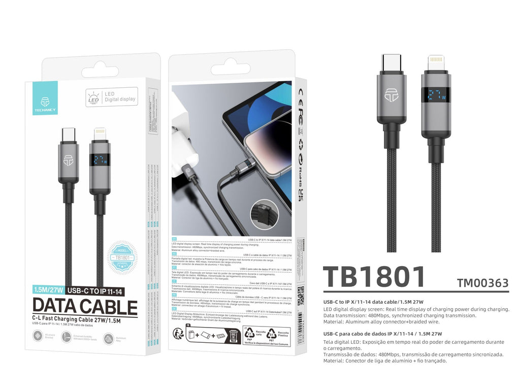 Techancy Cabo USB-C para Lightning TB1801, 27W, 1.5m Preto, Tela LED de Potência, Conector de AlumInio, Fio Trancado-4