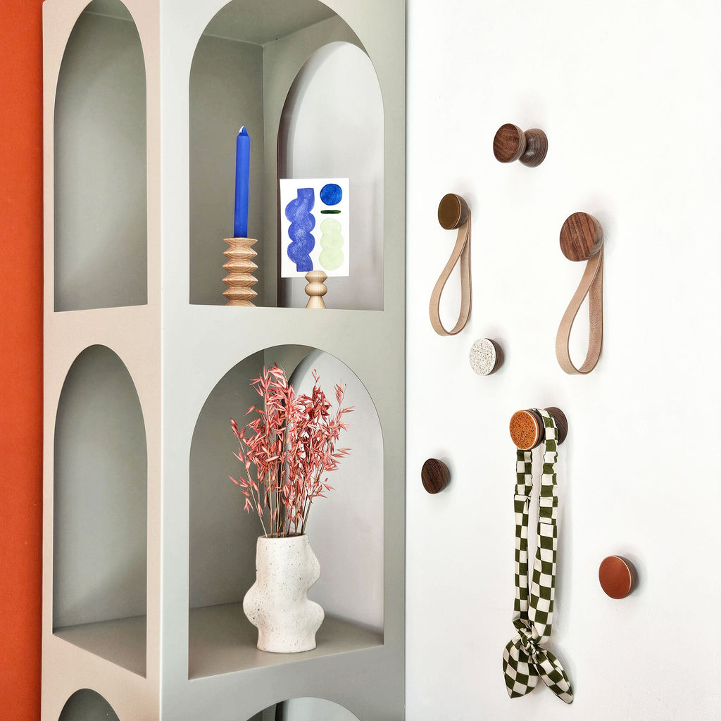 Round Walnut Wood Wall Mounted Coat Hook / Hanger with Leather Strap